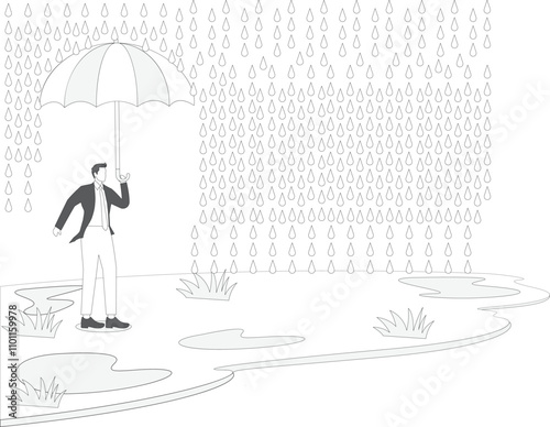 Businessman with umbrella standing in a flood of rain