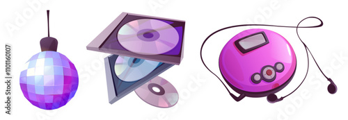 Disco ball and CD player isolated on white background. Vector cartoon illustration of round mirror accessory for nightclub party, collection of compact discs in boxes, earphones for listening music