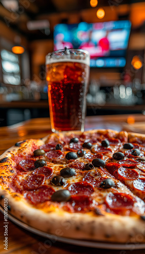 Freshly Baked Pizza With Salami and Olives in a Cozy Pub Setting