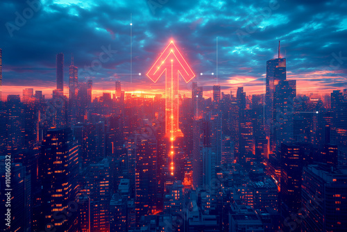 A cityscape view with a large, glowing arrow pointing upward in the sky, representing economic growth and sales performance