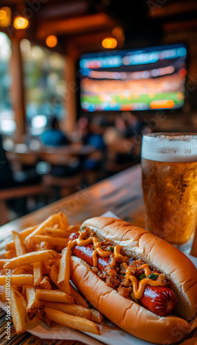 Delicious Hot Dog and Fries in a Bar with Television Background