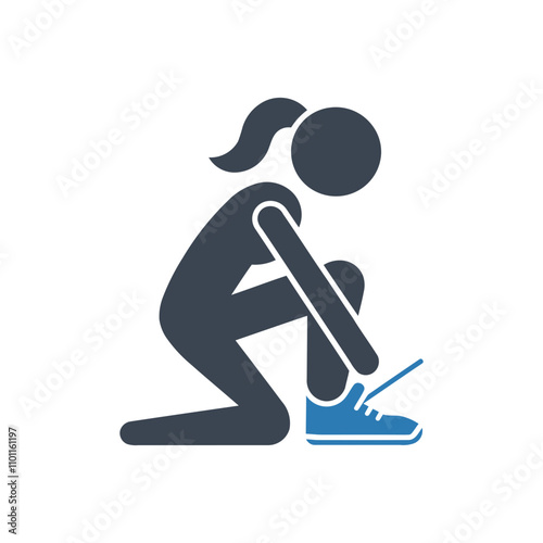 Woman tying running shoes icon