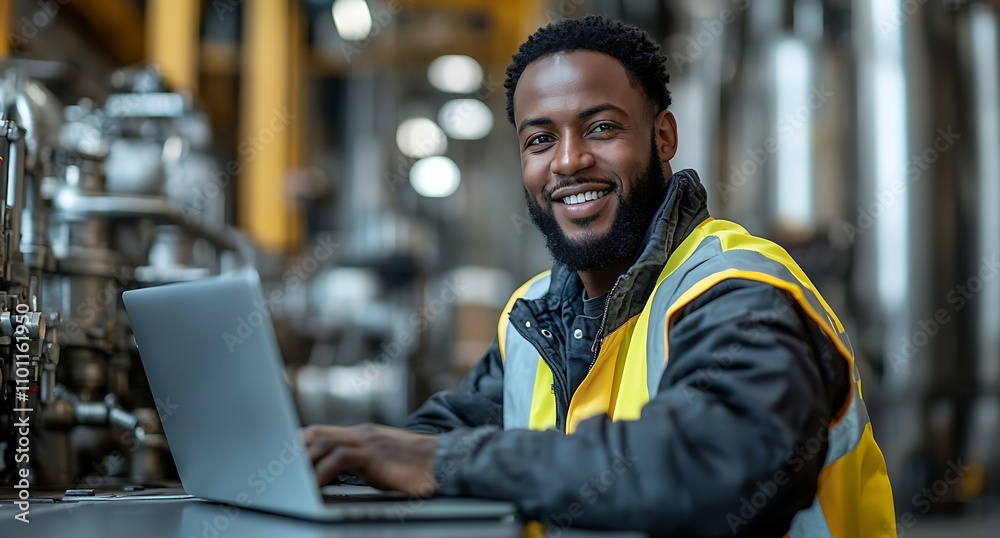 Portrait of smiling african american worker using laptop in warehouse Portrait of smiling african american worker using laptop in warehouse