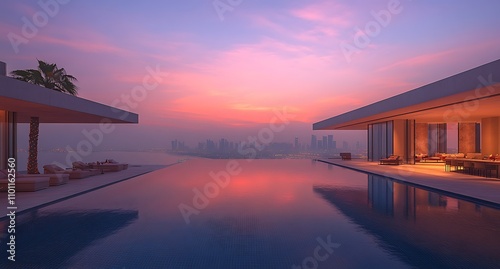 Swimming pool in luxury hotel and resort at sunset. photo