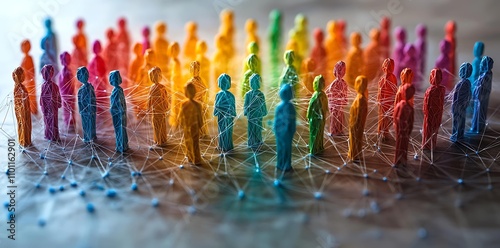 Colorful miniature people connected by lines, social network. photo