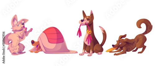 Cartoon illustration showing different canine behaviors. Pink furry pup gestures playfully, relaxed companion rests under blanket, alert pet holds rope toy, energetic dog fetches orange disc.