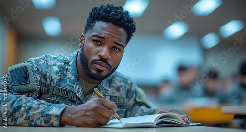 Soldier writing in notebook while sitting at table in classroom photo