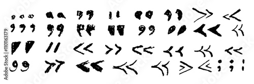 Set of quotation marks symbols. Black crayon handwritten text signs. Collection of icons for quoting statements, direct speech in speech bubble. Vector sketch or graffiti style of punctuation marks