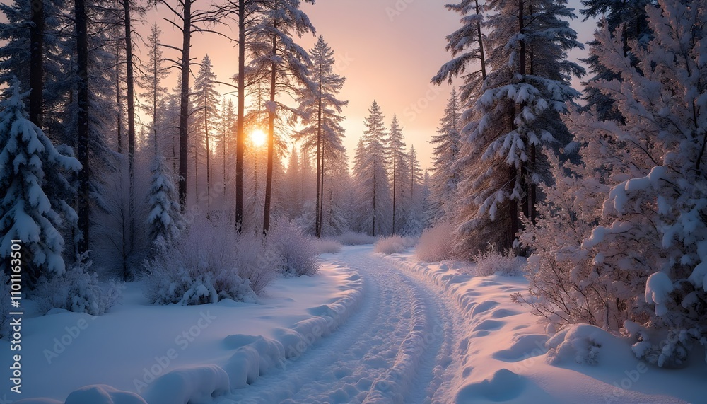 Fototapeta premium Sunlit Winter Forest with Snowy Road and Fir Trees