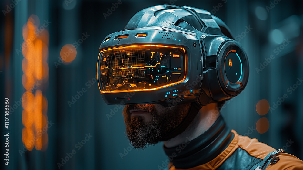 Fototapeta premium Close-up of man wearing futuristic virtual reality headset with digital interface indoors