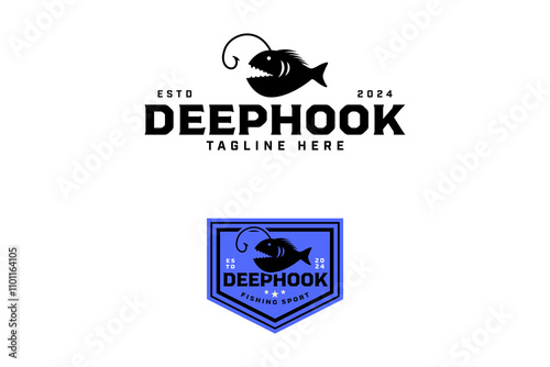 angler fish with fishing hook shaped antenna badge logo design set. black deep sea fish with hook element design. angler fish with hook antenna illustration logo for fishing sport, fishery, fisherman