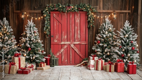 Festive Holiday Scene with Vintage Barn Door, Christmas Trees, and Cozy Decorations