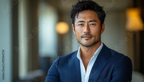 Portrait of confident businessman standing with arms crossed in modern office. photo