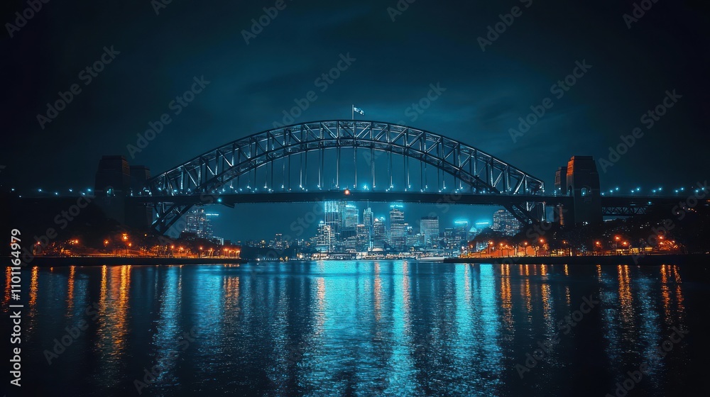 Fototapeta premium An illuminated steel arch bridge at night, glowing against the city lights