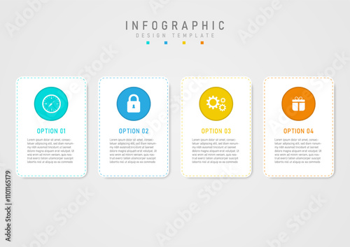 Business options infographic template White square with multi-colored dotted outline. The multi-colored circle top has an icon in the middle, the bottom has text on a gray gradient background.