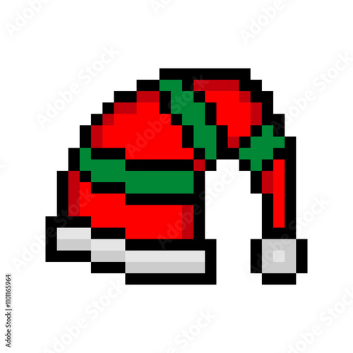 Red and green striped santa hat in pixel art