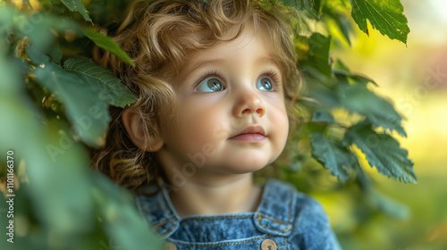 Wallpaper Mural Adorable toddler with curly hair gazing upward surrounded by lush green foliage Torontodigital.ca