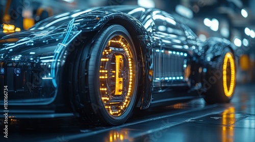 A futuristic sports car with glowing wheels and a sleek, transparent design.