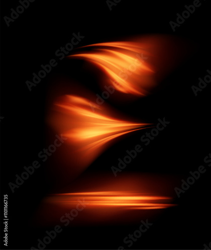 Illustration of set of hot wind flow effect on isolated black background.