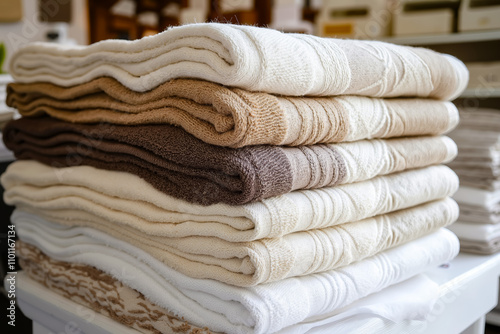 A stack of folded towels sitting on top of a white table photo