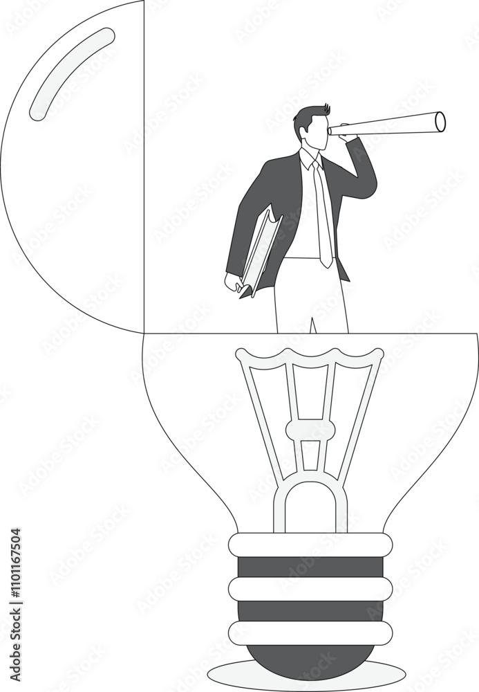 Businesswoman in a big open idea light bulb holding a book and looking through an Astronomy Telescope Businesswoman in a big open idea light bulb holding a book and looking through an Astronomy Telescope