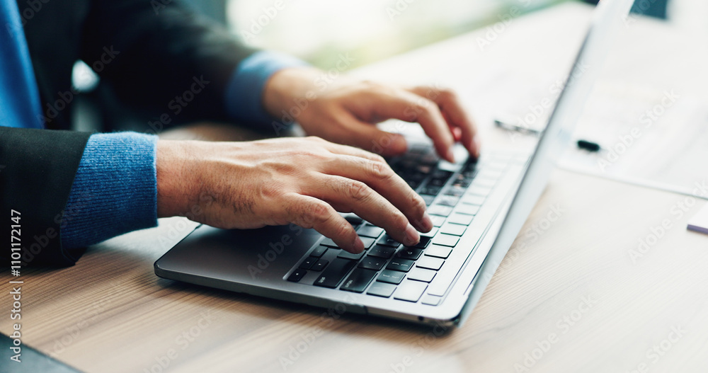 Man, hands and typing on laptop for business, planning and update schedule in Japan office. Corporate person, computer and connectivity in workplace for email, contact or economy research for growth Man, hands and typing on laptop for business, planning and update schedule in Japan office. Corporate person, computer and connectivity in workplace for email, contact or economy research for growth