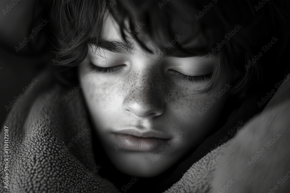 Fototapeta premium A peaceful child sleeps deeply, wrapped in a cozy blanket. Soft shadows create a serene atmosphere. This intimate moment captures innocence and tranquility. Generative AI