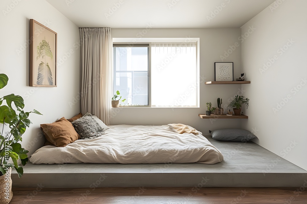 Fototapeta premium Minimalist bedroom with low platform bed and wall art