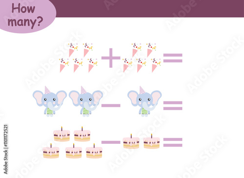 examples of addition and subtraction with cute animals. educational page with math examples for children.