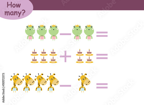 examples of addition and subtraction with cute animals. educational page with math examples for children.