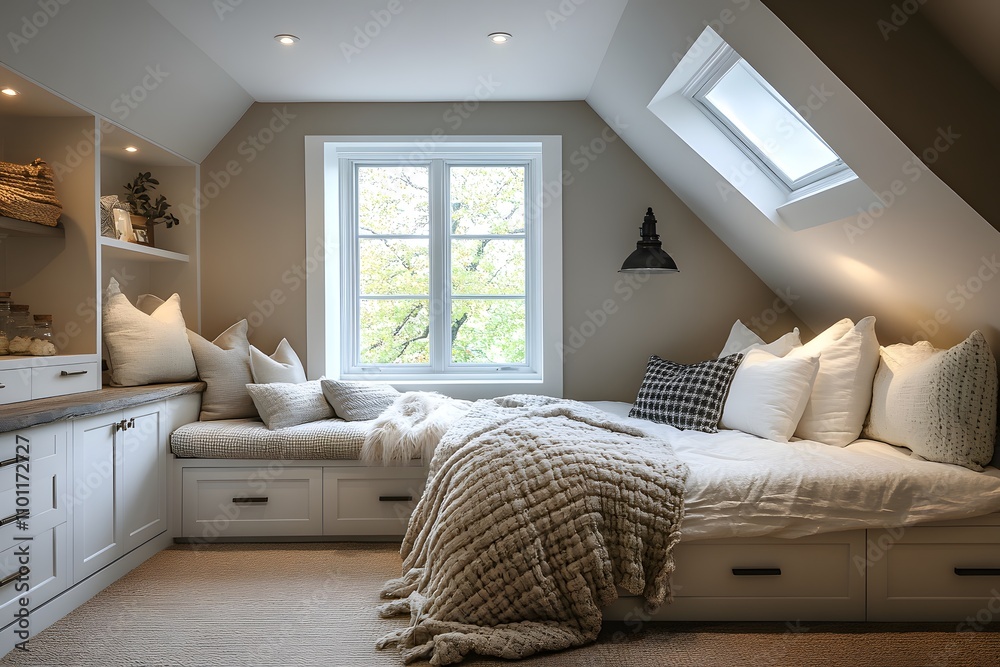 Fototapeta premium Cozy bedroom with built-in window seat and storage
