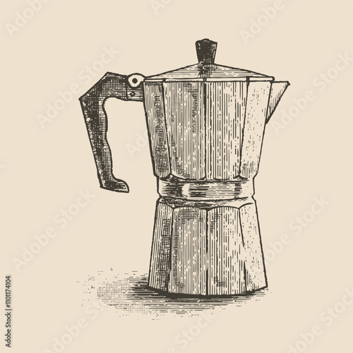 Geyser coffee maker, Italian coffee maker or moka pot, illustration in the style of a medieval engraving