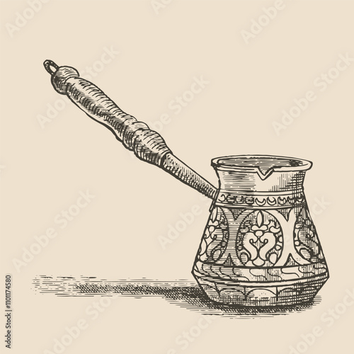 Coffee turk, jazzve, illustration in the style of a medieval engraving