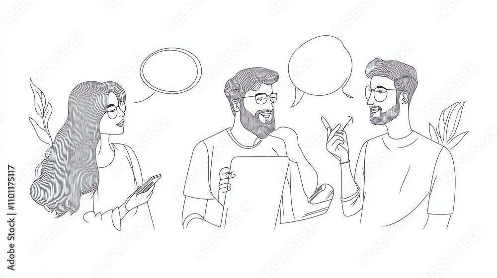 Three individuals engage in conversation, with one holding a tablet, while speech bubbles suggest dialogue. The scene combines creativity and communication. Three individuals engage in conversation, with one holding a tablet, while speech bubbles suggest dialogue. The scene combines creativity and communication.