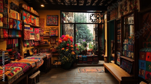 A bright and colorful cloth market showcasing fabrics with floral, geometric, and abstract patterns.