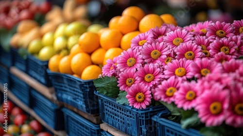 Wallpaper Mural A close-up shot of a fruit and flower stall at a market, with oranges and pink flowers in the foreground, and green apples and red tomatoes in the background. Torontodigital.ca