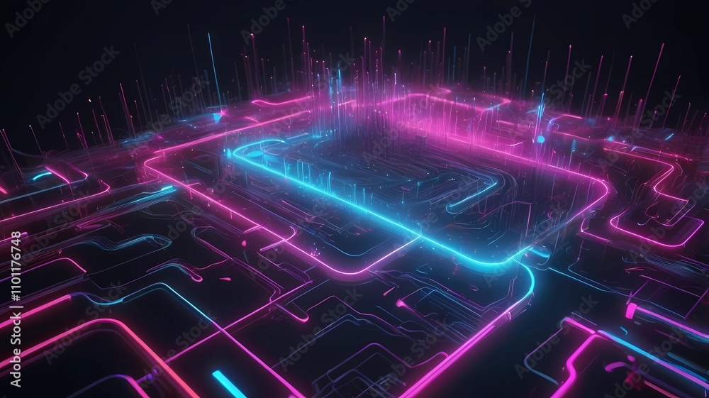 Obraz premium Abstract background with fast moving neon light particles, forming complex circuit patterns