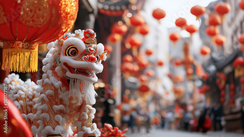 vibrant lion dance decoration amidst festive lanterns, celebrating culture photo