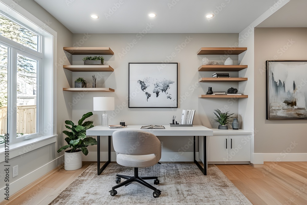 Fototapeta premium Minimalist home office with wall-mounted desk and shelves