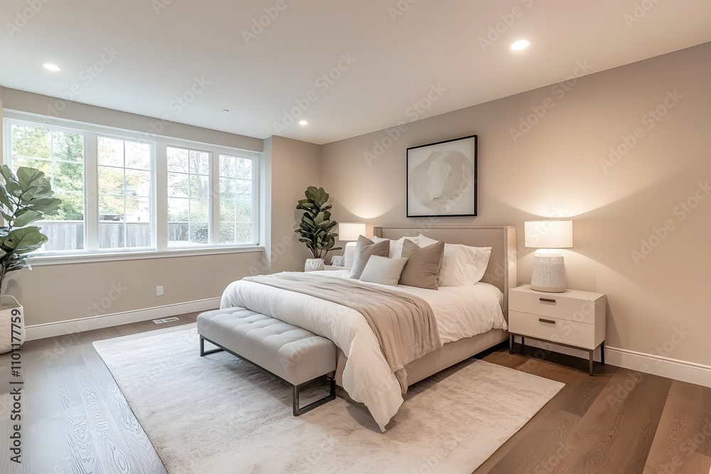 Fototapeta premium Modern bedroom with built-in nightstands and reading lights
