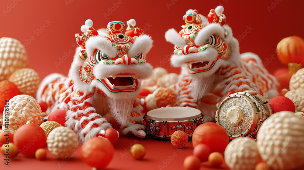 Obraz premium vibrant display of traditional lion dance figures surrounded by festive decorations