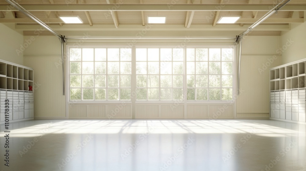 Fototapeta premium Bright and Spacious Warehouse Interior with Large Windows