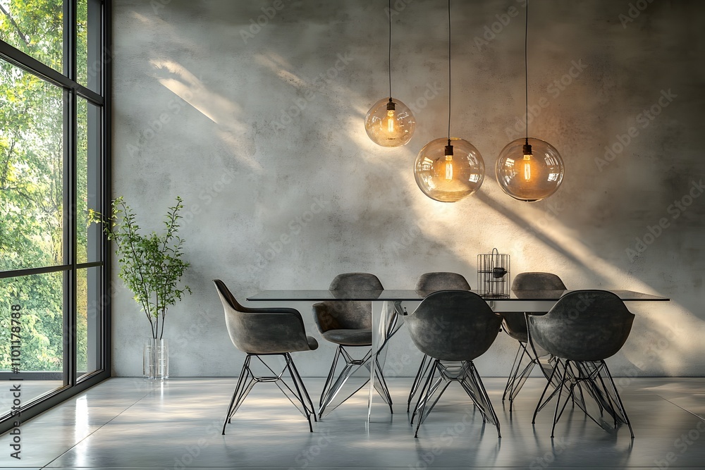 Fototapeta premium Contemporary dining room with glass table and metal chairs