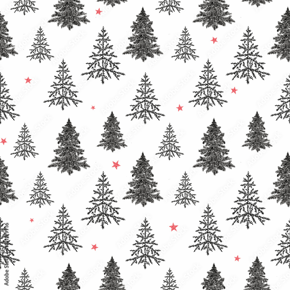 Obraz premium Fir tree seamless pattern. Beautiful Christmas background with hand drawn abstract fir trees. Ready Happy New Year surface pattern print design.