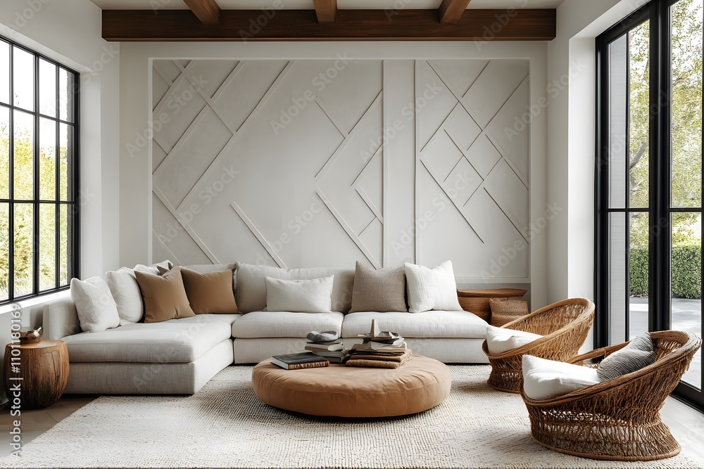 Fototapeta premium Modern living room with geometric accent wall and cozy seating