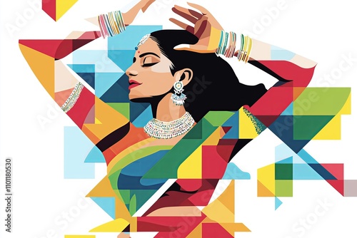 Indian woman dancing in a Bharatanatyam pose, reduced to geometric shapes and clean lines. photo