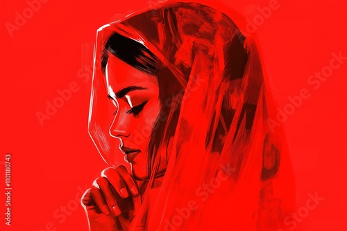 Minimal outline of a woman with a ghoonghat (veil) covering her head, in vibrant, solid red photo