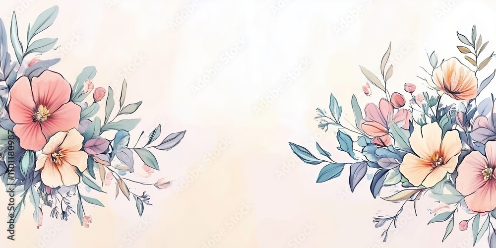 Elegant floral border with soft pastel flowers and greenery on light background Elegant floral border with soft pastel flowers and greenery on light background