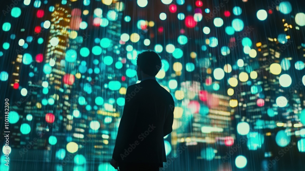 A creative representation of a stock exchange with abstract figures and digital elements. A creative representation of a stock exchange with abstract figures and digital elements.