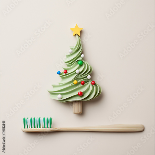 Christmas scene with a tiny tree made of green toothpaste on a toothbrush. The swirled design mimics a festive tree, complete with a tiny star topper, blending holiday cheer with dental care.